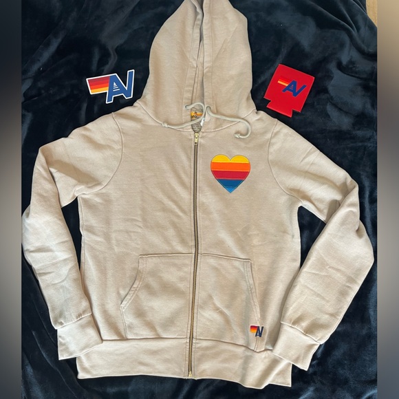 NWT AVIATOR NATION UNISEX Rainbow Heart StitchHOODIE Size Small  Sand - Picture 1 of 4